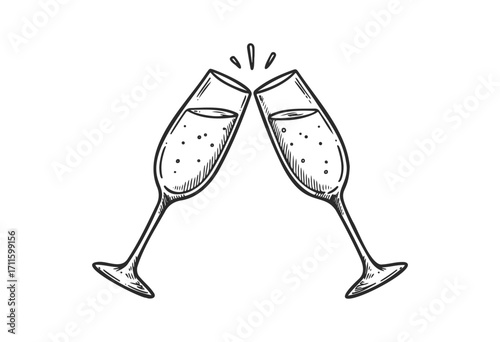 Sketch of two champagne glasses clinking in celebration - stock vector