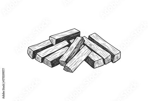 Illustrated stack of wooden logs in line art style - stock vector