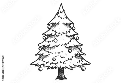 Hand-drawn christmas tree with ornaments and string lights - stock vector