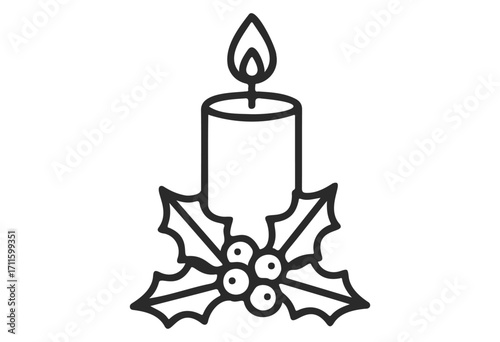 Festive candle with holly leaves and berries line art illustration - stock vector