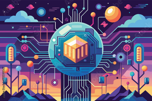 Futuristic digital landscape showcasing a central circuit board with vibrant colors and cosmic elements