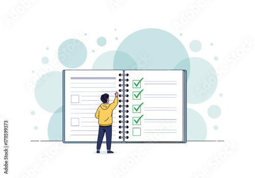 A person marking off tasks on a checklist in a notebook.