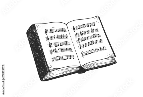 Open music book with notation on pages in black and white sketch style - stock vector