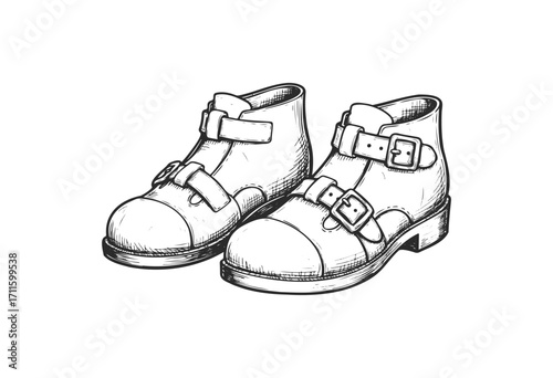 Vintage leather buckle boots illustration: retro footwear design art - stock vector