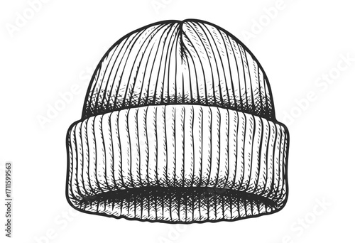 Vintage hand-drawn knitted beanie hat in black and white - stock vector