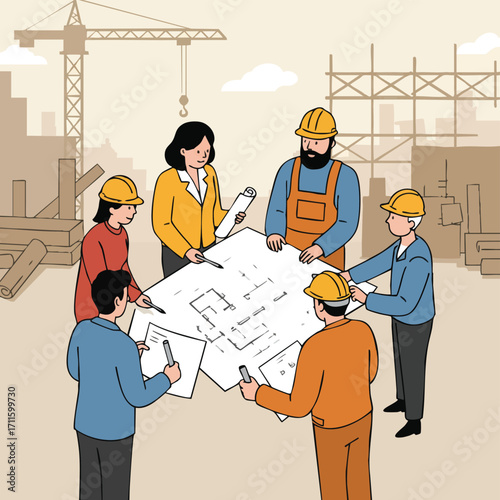 A diverse team of construction professionals and architects collaborates on a building blueprint at an active urban development site.