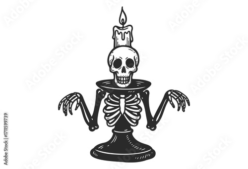 Vintage skeleton candle holder with skull and melting wax design - stock vector