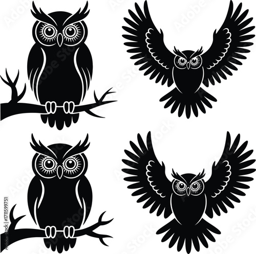 Four silhouette illustrations of owls in various poses and styles