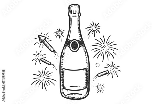 Hand-drawn champagne bottle with fireworks celebration design - stock vector