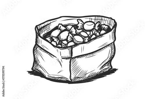 Sack filled with assorted wrapped candies in vintage style drawing - stock vector
