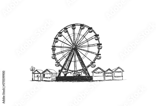 Black and white ferris wheel sketch with carnival booths - stock vector