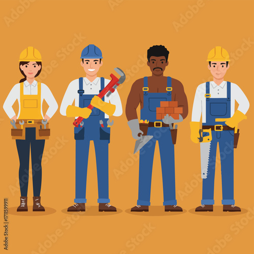 An inclusive group of professional construction workers and tradespeople, featuring a plumber, bricklayer, and carpenter, symbolizing diverse manual labor expertise.