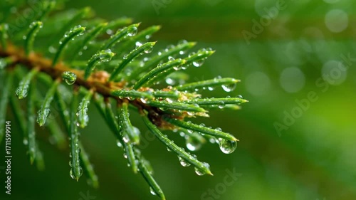 Wallpaper Mural Close-up of a pine branch glistening with fresh raindrops in a lush forest. Torontodigital.ca