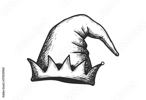 Vintage jester hat drawing with bells and pointed design - stock vector