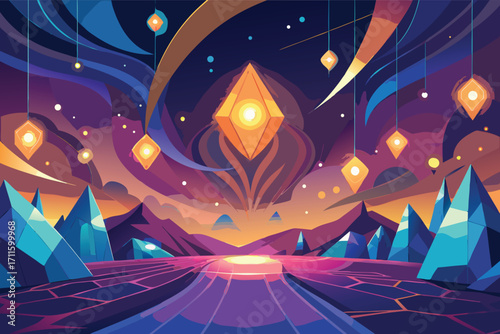 Mystical landscape featuring colorful lights and geometric mountains during dusk