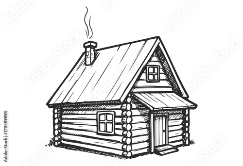 Charming hand-drawn log cabin with chimney and smoke - stock vector