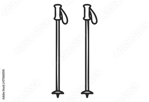 Pair of black and white hiking poles with handles and straps - stock vector