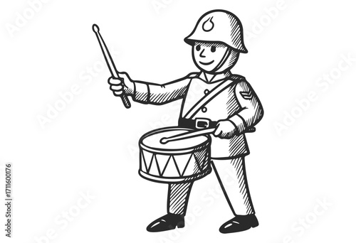 Cartoon drummer soldier in uniform playing snare drum - stock vector