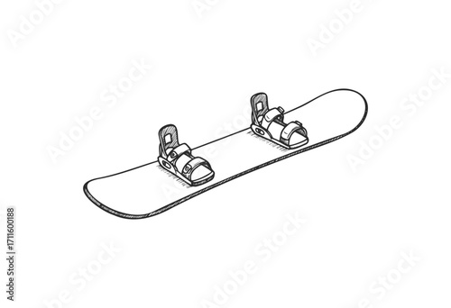 Monochrome sketch of a snowboard with bindings and detailed design - stock vector