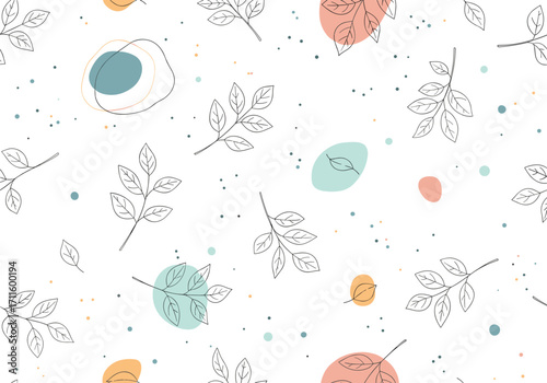 A whimsical scattering of delicate leaves and soft pastel shapes on a speckled white background.