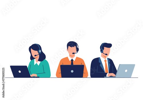 Three customer service representatives working diligently on their laptops.