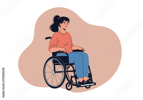 Woman sitting in a wheelchair enjoying a day indoors.
