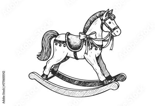 Vintage wooden rocking horse sketch with saddle and bow details - stock vector