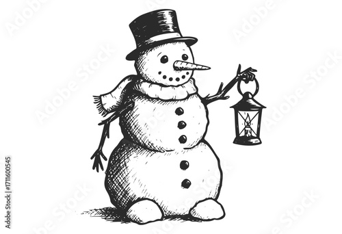 Hand-drawn snowman with lantern wearing top hat and scarf - stock vector