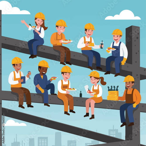 Diverse construction workers enjoy a well-deserved lunch break high above the bustling city, fostering teamwork and camaraderie on the building site.