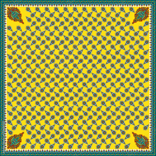 Yellow and Blue Repeating Motif Scarf Vector with Geometric Floral Pattern