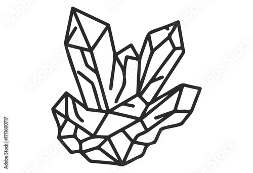 Black and white geometric crystal drawing with sharp facets and angular edges - stock vector