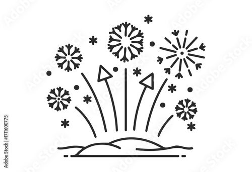 Black and white fireworks sketch with exploding bursts and stars - stock vector