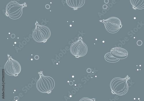 Seamless pattern of hand drawn onions and scattered dots on a muted blue background.