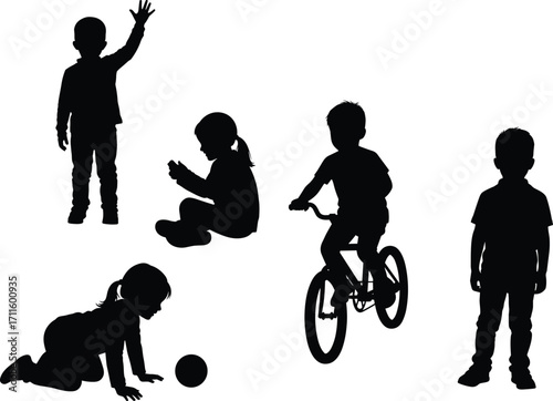 Children silhouette vector, kids at play, child activity stages, playful youth poses, black vector illustration, growth and movement series,