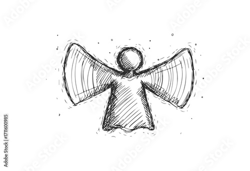 Hand-drawn angel figure with wings in black and white ink sketch style - stock vector