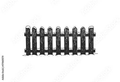 Black and white wooden fence drawing with snowy details - stock vector