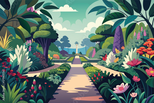 Beautiful garden pathway with vibrant flowers and lush greenery under a clear sky