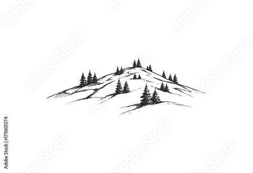 Black and white mountain landscape with pine trees - minimalist nature illustration - stock vector