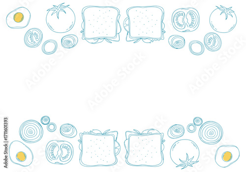 A collection of various fresh fruits and vegetables arranged in a decorative border.