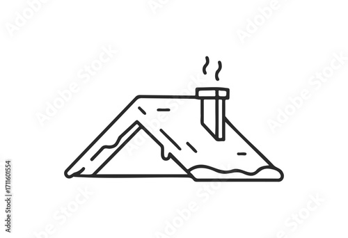 Snow-covered house roof with chimney line drawing - stock vector