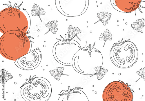 Fresh tomato illustrations with simple greens and herbs pattern