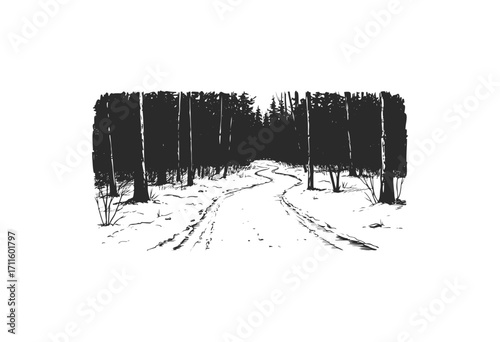 Monochrome winter forest pathway with snow blanketed trees and serene atmosphere - stock vector
