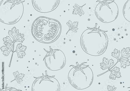 A simple light blue background with a repeating pattern of sketched tomatoes and parsley sprigs.