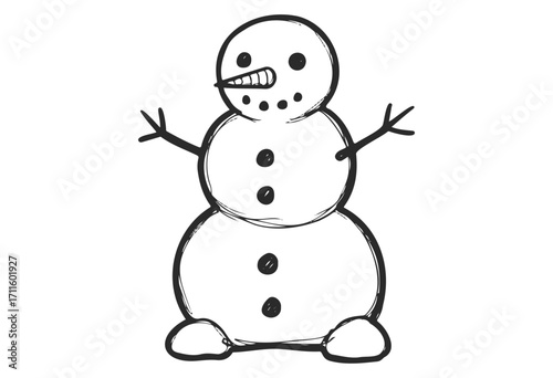 Simple black and white snowman drawing with button eyes and stick arms - stock vector