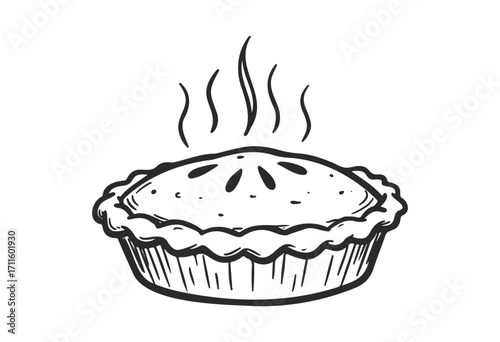 Sketch of a freshly baked steaming pie with lattice crust in black and white - stock vector