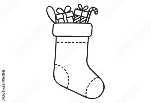 Simple christmas stocking with gifts and candy cane outline - stock vector