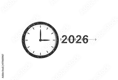Monochrome clock drawing with 2026 arrow concept - stock vector