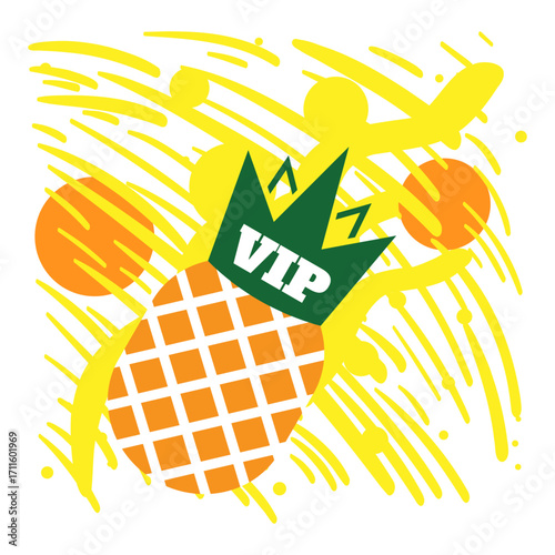 Fashion tropics funny pineapples print for T-shirt on colorful background. Bright happy summer fruits wallpaper, design for fabric and decor