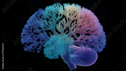 Colorful, textured brain glows, providing a modern, abstract concept for medical presentations, digital marketing, or science posters.