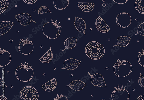 A decorative pattern featuring outlines of tomatoes and basil leaves.